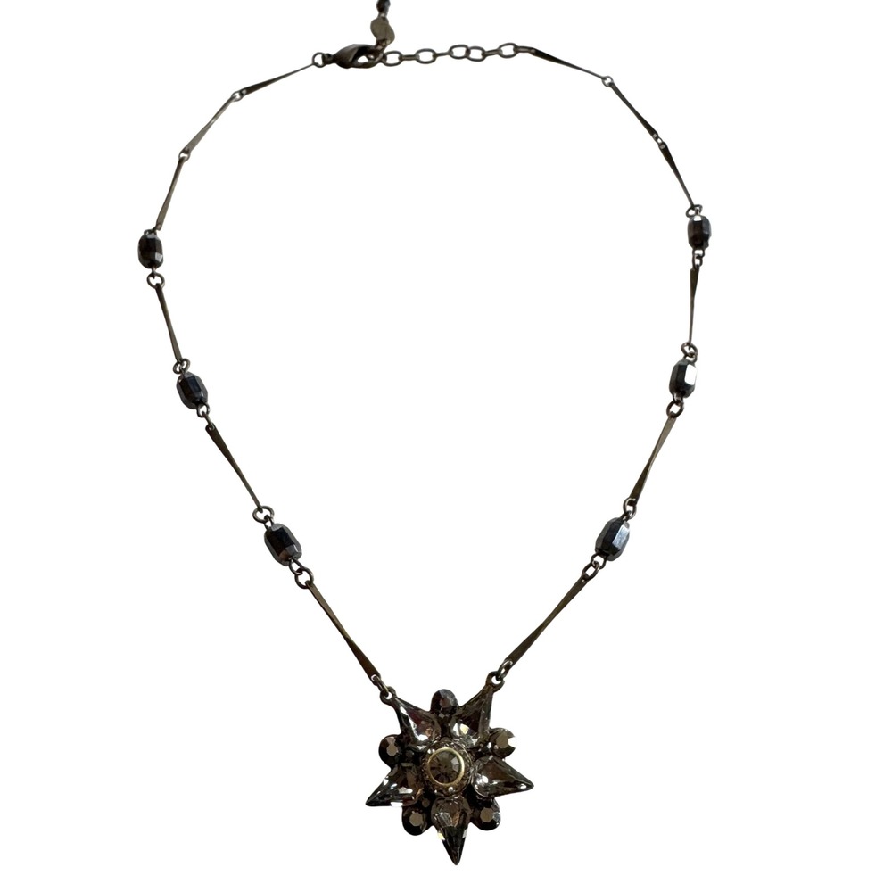 Belladonna Vintage Style Starburst Crystal Necklace‎ Antique Brass Grey Beads